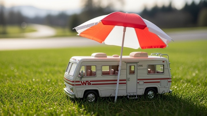 Spielzeug-Wohnmobil wird von einem Sonnenschirm geschützt